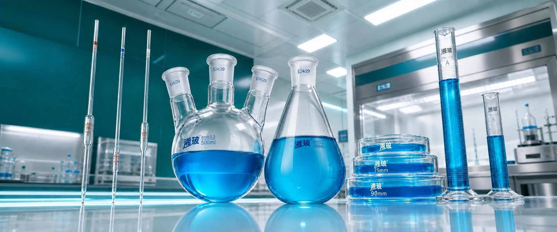 Laboratory glassware collection featuring Xiangbo Boro 3.3 round-bottom flasks, Erlenmeyer flasks, measuring cylinders, pipettes, and petri dishes filled with blue liquid on a modern lab bench.